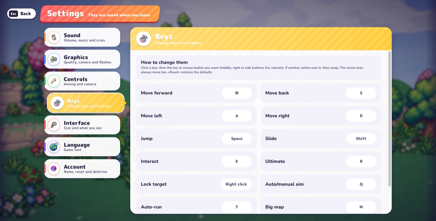 PokéBonk Settings → Keys screen listing the default keyboard bindings