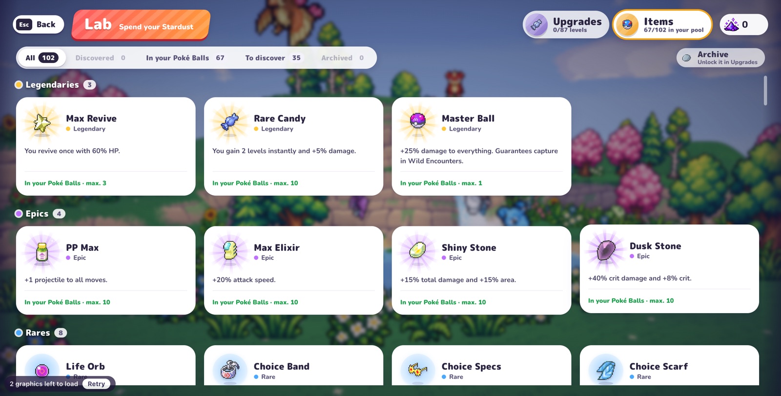 PokéBonk Lab item pool showing item rarity, effects and caps