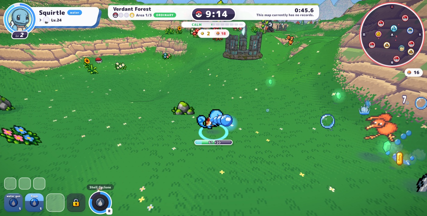 PokéBonk run HUD with minimap, timer and two attacks
